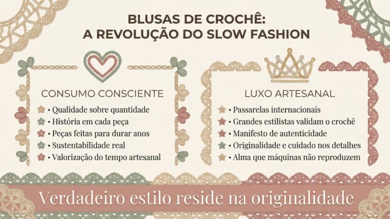 Infografico textual sobre blusas de croche apresentando consumo consciente e luxo artesanal do slow fashion em layout editorial limpo