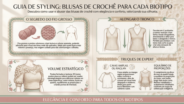Infografico editorial sobre como usar blusas de croche para diferentes biotipos, com dicas de decote, trama e modelagem para alongar o tronco e equilibrar proporcoes
