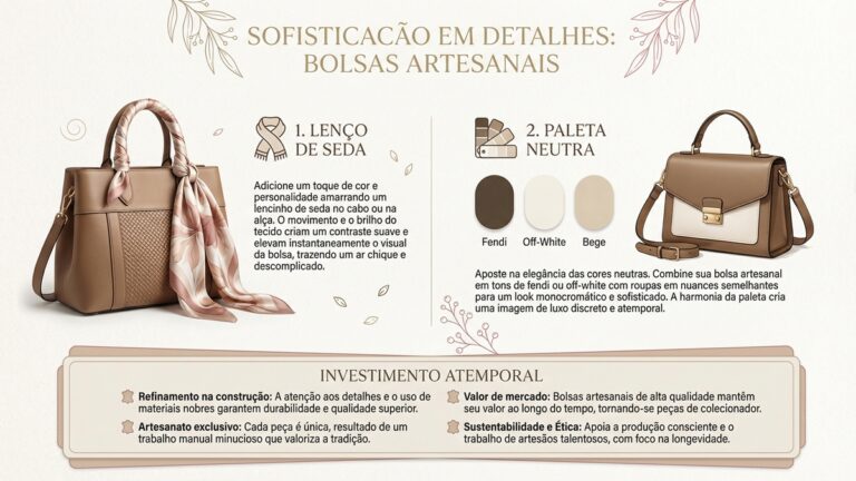 Infografico de moda mostrando como adicionar sofisticacao a bolsas artesanais com lenco de seda e paleta de cores neutras fendi e off-white