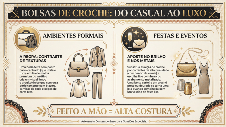 Infografico em portugues sobre como usar bolsas de croche em ambientes formais e festivos com dicas de texturas, materiais e acabamentos luxuosos