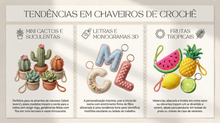 Infografico editorial mostrando tres tendencias de chaveiros de croche: mini cactos e suculentas, letras 3D personalizadas e frutas tropicais vibrantes