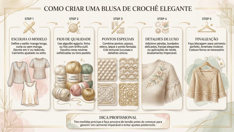 Infografico passo a passo mostrando como criar blusa de croche elegante com detalhes de luxo e acabamento profissional