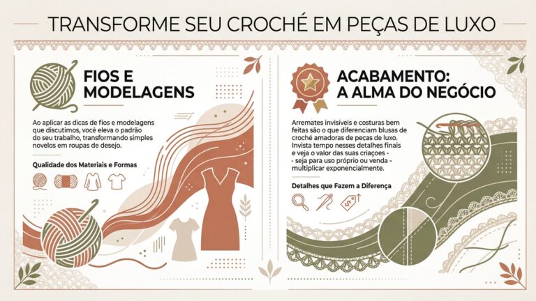 Infografico em portugues sobre como transformar croche em pecas de luxo com dicas de fios, modelagens e acabamento profissional