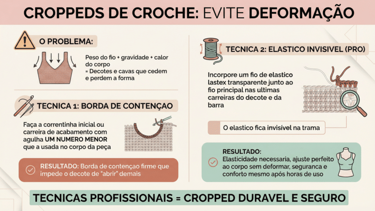 Infografico em portugues sobre tecnicas profissionais para evitar deformacao em croppeds de croche incluindo borda de contencao e elastico invisivel