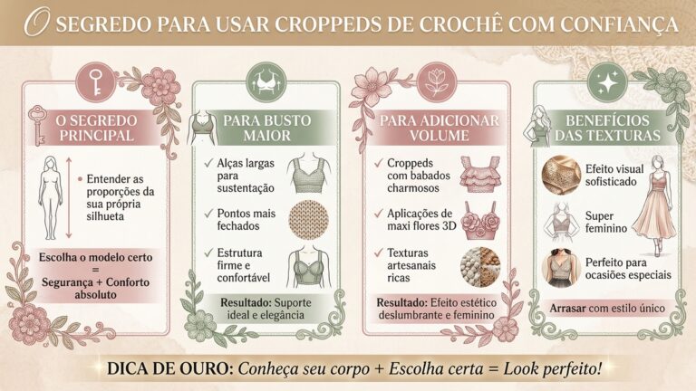 Infografico em portugues sobre como escolher cropped de croche ideal para cada tipo de corpo com dicas de modelagem