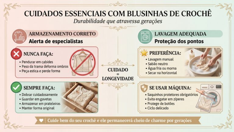 Infografico educativo sobre cuidados com blusinhas de croche, mostrando armazenamento correto dobrado em gavetas, nunca em cabides, e lavagem manual com sabao neutro ou maquina com saquinhos protetores