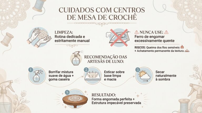 Infografico educativo sobre cuidados e limpeza manual de centros de mesa de croche com tecnica de engomagem