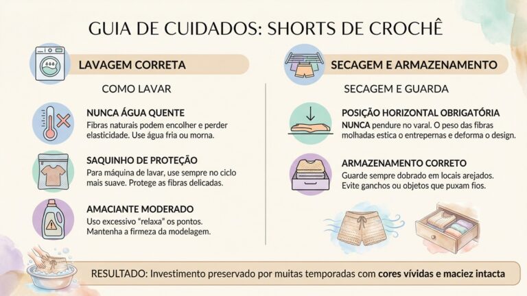 Infografico educativo mostrando instrucoes de lavagem, secagem e armazenamento correto para shorts de croche