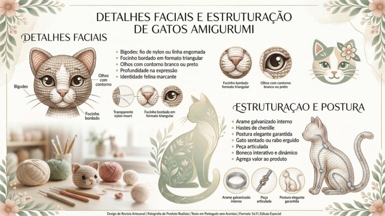 Infografico mostrando tecnicas de detalhes faciais e estruturacao interna para criar gatos em amigurumi com expressao realista e postura elegante