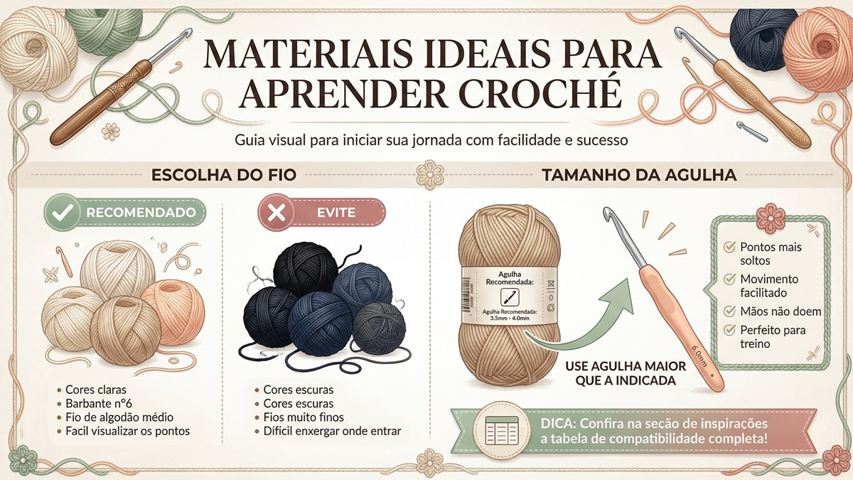 Infografico educativo mostrando materiais ideais para aprender croche: fios de cores claras, espessura media e agulhas maiores para facilitar o aprendizado