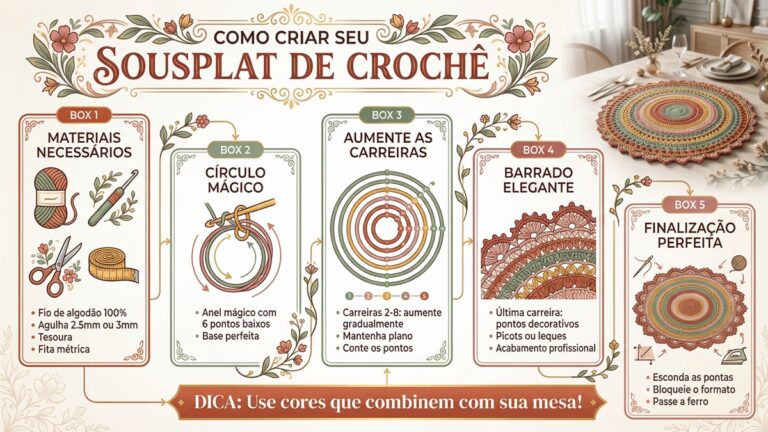 Infografico digital passo a passo ensinando como criar sousplat de croche com materiais, tecnicas e acabamento elegante