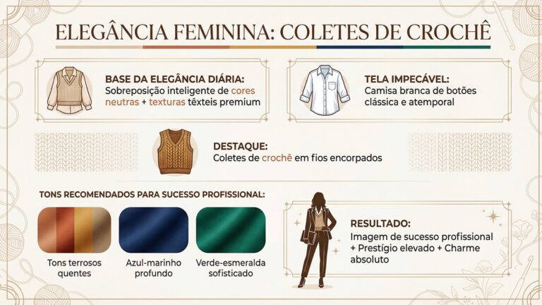 Infografico educativo sobre elegancia feminina com sobreposicao de coletes de croche sobre camisa branca