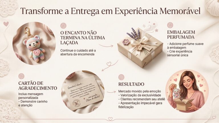 Infografico sobre como criar experiencia memoravel na entrega de chaveiros de croche com embalagem perfumada e cartao de agradecimento