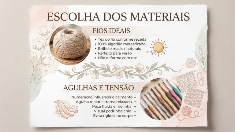 Infografico educativo sobre escolha de materiais para blusas de croche, mostrando tipos de fios ideais e numeracao de agulhas para caimento perfeito