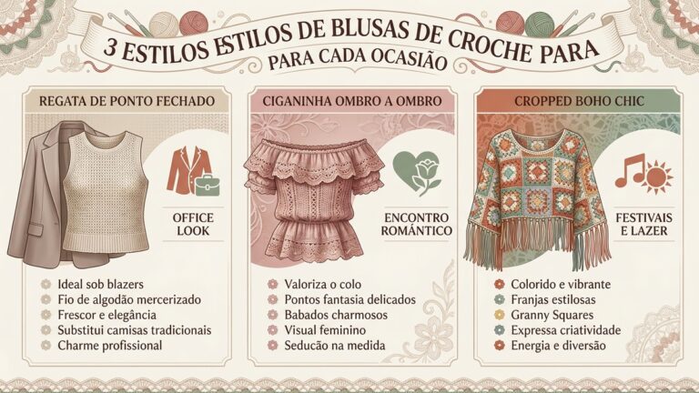 Infografico de moda mostrando tres estilos de blusas de croche: regata elegante para trabalho, ciganinha romantica e cropped boho para festivais
