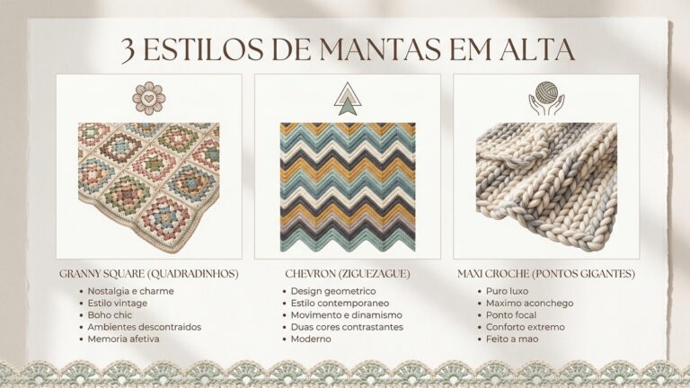 Infografico mostrando tres estilos de mantas de croche em alta: granny square vintage, chevron geometrico e maxi croche com pontos gigantes