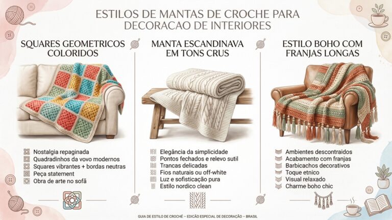 Infografico apresentando tres estilos de mantas de croche para decoracao: squares coloridos, escandinava em tons crus e boho com franjas