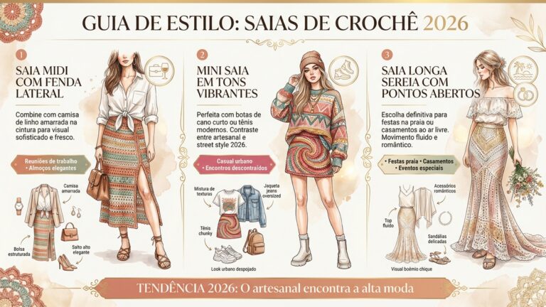 Infografico de moda mostrando tres estilos de saias de croche: midi com fenda, mini vibrante e longa sereia com dicas de combinacao