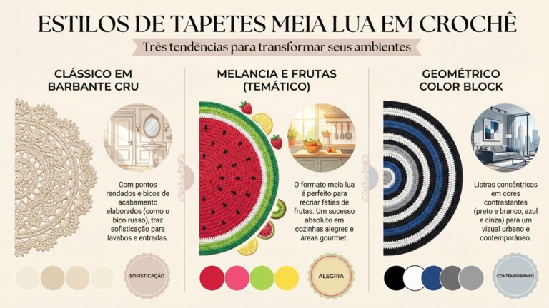 Infografico editorial mostrando tres estilos de tapetes meia lua em croche: classico em barbante cru com rendas, tematico de melancia e frutas coloridas, e geometrico color block com listras contrastantes