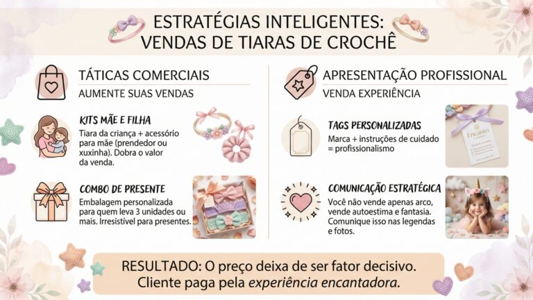 Infografico mostrando estrategias comerciais para venda de tiaras de croche incluindo kits mae e filha e apresentacao profissional