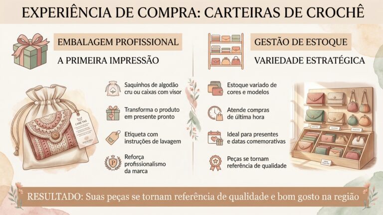 Infografico mostrando estrategias de embalagem profissional e gestao de estoque para venda de carteiras de croche artesanais