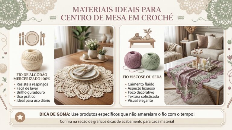 Infografico mostrando materiais para centro de mesa de croche: algodao mercerizado para mesa de jantar e viscose ou seda para mesa de centro decorativa
