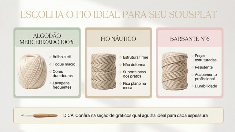Infografico educativo mostrando tres tipos de fios para sousplat de croche: algodao mercerizado, fio nautico e barbante numero 6, com caracteristicas de cada material