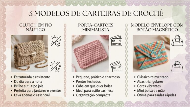 Infografico apresentando tres modelos de carteiras de croche: clutch em fio nautico, porta-cartoes minimalista e modelo envelope com botao magnetico, com caracteristicas de cada estilo