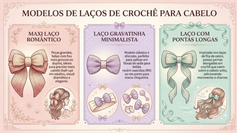 Infografico com tres modelos de lacos de croche para cabelo: maxi laco romantico, gravatinha minimalista e laco com pontas longas