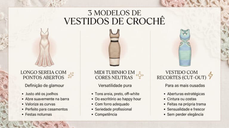 Infografico apresentando tres modelos de vestidos de croche: longo sereia com pontos abertos, midi tubinho em cores neutras e vestido com recortes cut-out, com caracteristicas e ocasioes de uso