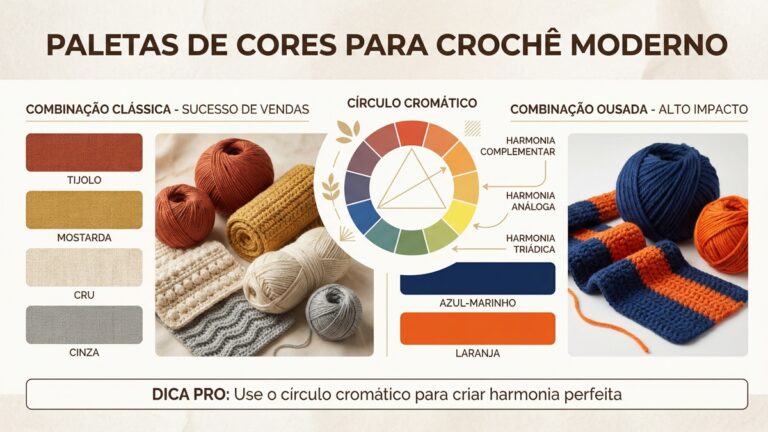 Infografico de design mostrando paletas de cores modernas para croche com circulo cromatico, tons terrosos e combinacoes vibrantes de azul-marinho e laranja