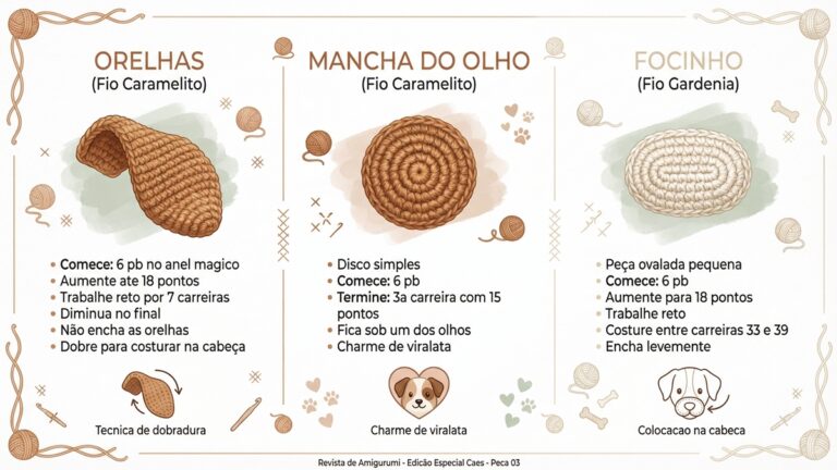 Infografico com instrucoes detalhadas para fazer orelhas, mancha do olho e focinho de cachorro em croche com fios caramelito e gardenia