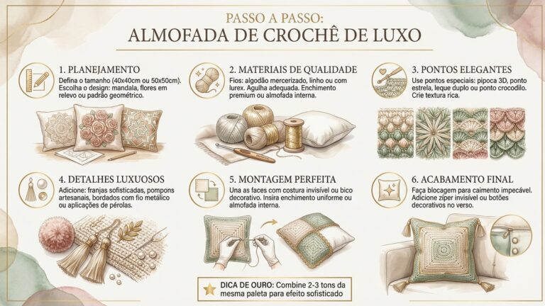 Infografico detalhado mostrando seis etapas para criar almofada de croche elegante com detalhes luxuosos e acabamento profissional