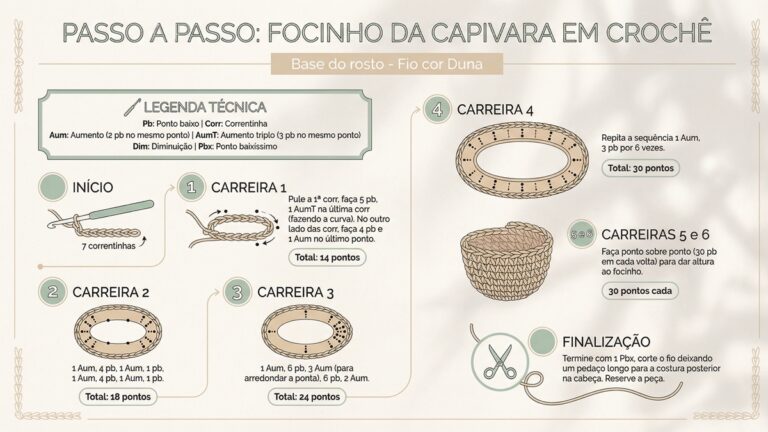 Infografico educativo mostrando passo a passo detalhado para fazer focinho de capivara em croche, com legenda tecnica e instrucoes de cada carreira numerada