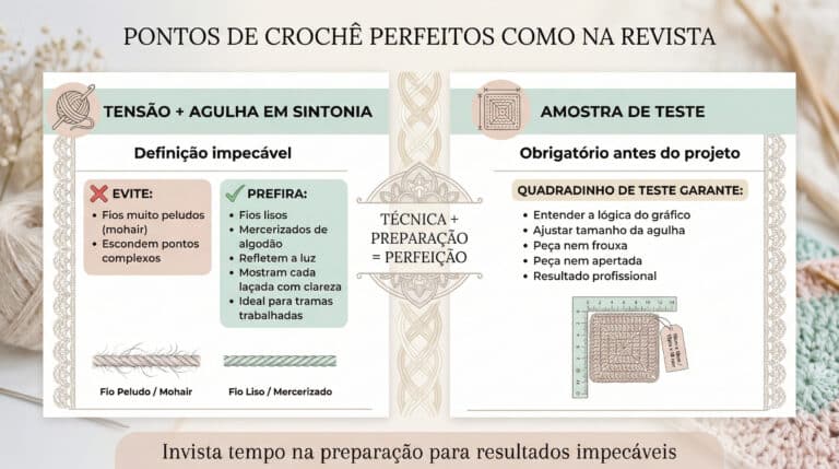 Infografico educativo sobre tecnica de croche perfeito, mostrando importancia da tensao do fio, escolha de materiais lisos mercerizados e necessidade de fazer amostra de teste antes do projeto final
