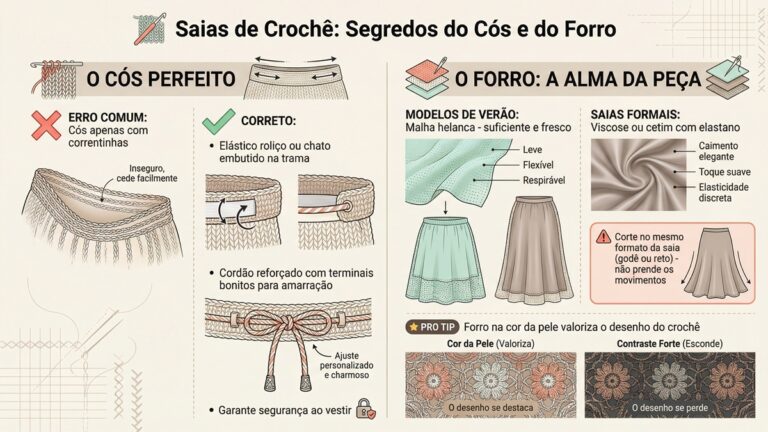 Infografico tecnico sobre construcao de saias de croche mostrando tipos corretos de cos com elastico e opcoes de forro para diferentes ocasioes