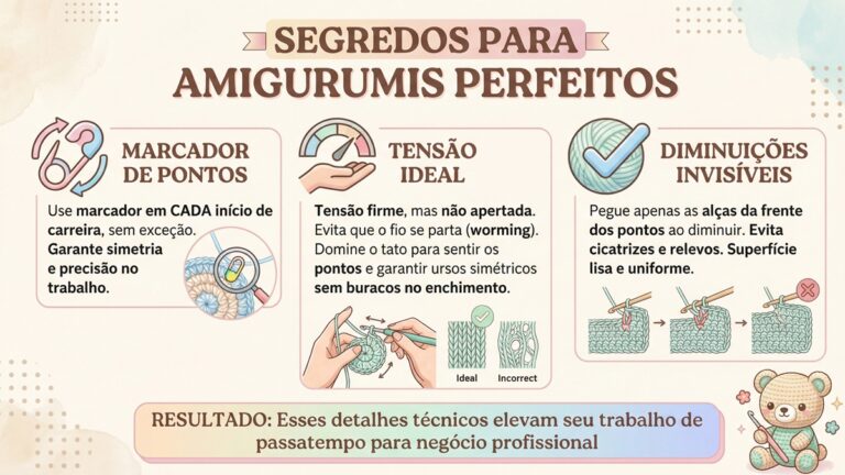 Infografico educativo mostrando tres tecnicas essenciais para criar amigurumis perfeitos: marcador de pontos, tensao ideal e diminuicoes invisiveis
