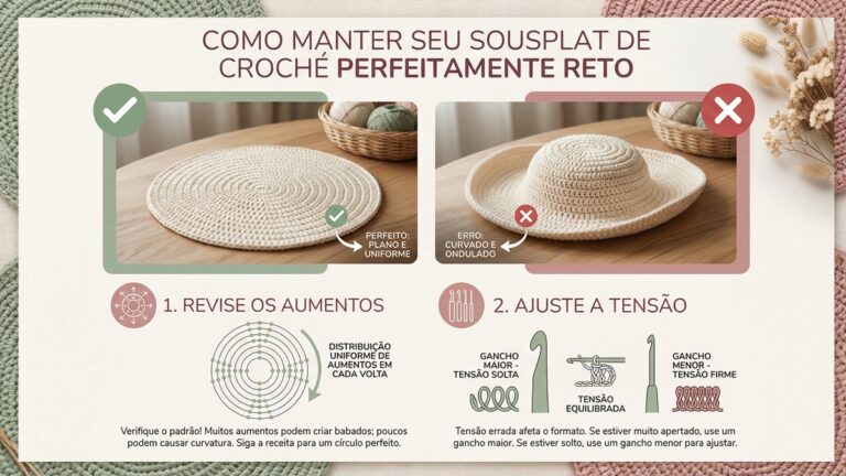 Infografico educativo mostrando como corrigir sousplat de croche que emburca, com comparacao visual e solucoes praticas sobre aumentos e tensao do ponto