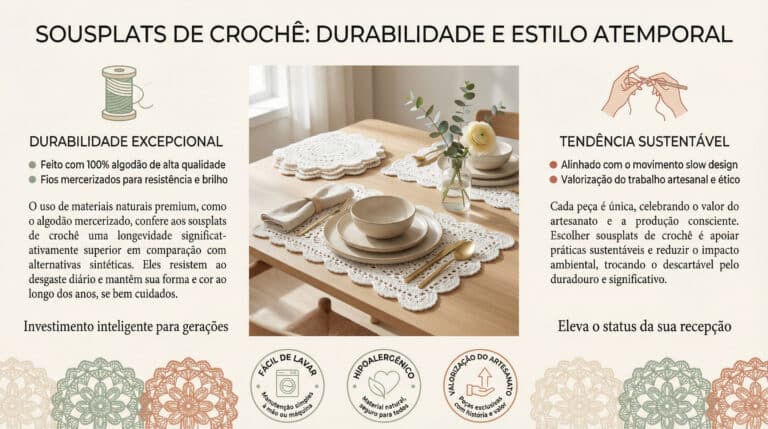 Infografico editorial sobre sousplats de croche mostrando durabilidade excepcional e tendencias sustentaveis com fotografia de pecas artesanais em mesa elegante