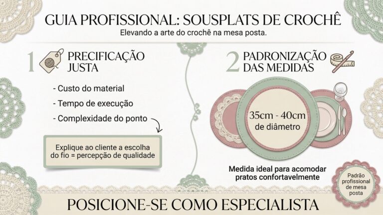 Infografico educativo sobre precificacao e padronizacao de sousplats de croche com informacoes tecnicas e medidas profissionais