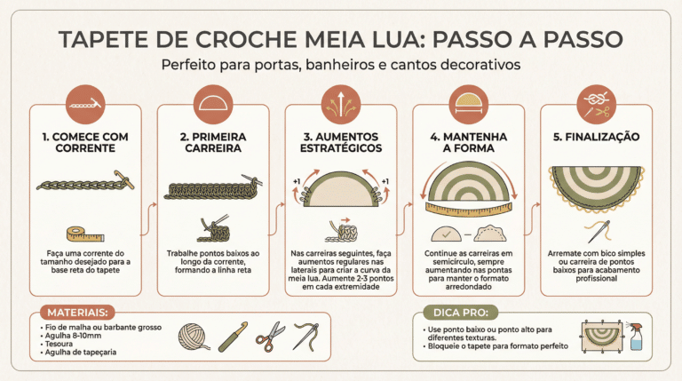 Infografico em portugues com passo a passo detalhado para criar tapete de croche meia lua incluindo materiais, tecnicas de aumento e dicas profissionais
