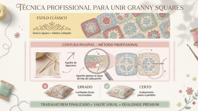 Infografico educativo mostrando tecnica profissional de costura invisivel para unir granny squares de croche com acabamento perfeito