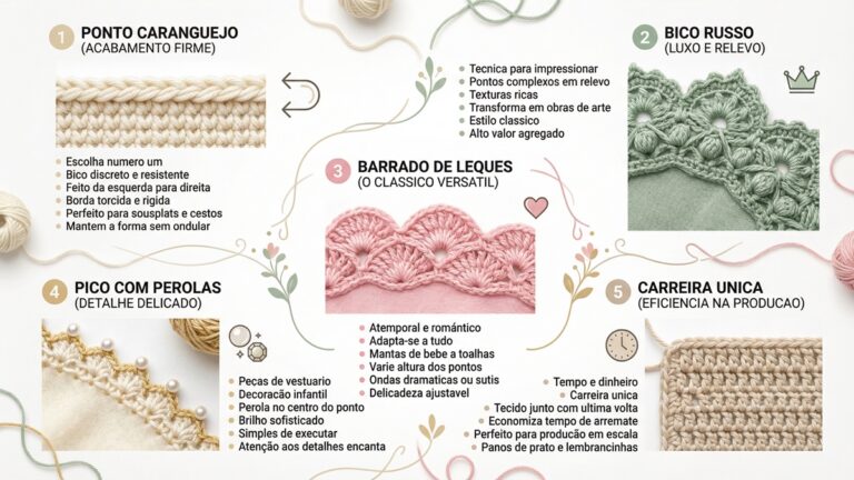Infografico detalhado mostrando cinco tecnicas de acabamento em croche: ponto caranguejo, bico russo, barrado de leques, pico com perolas e carreira unica