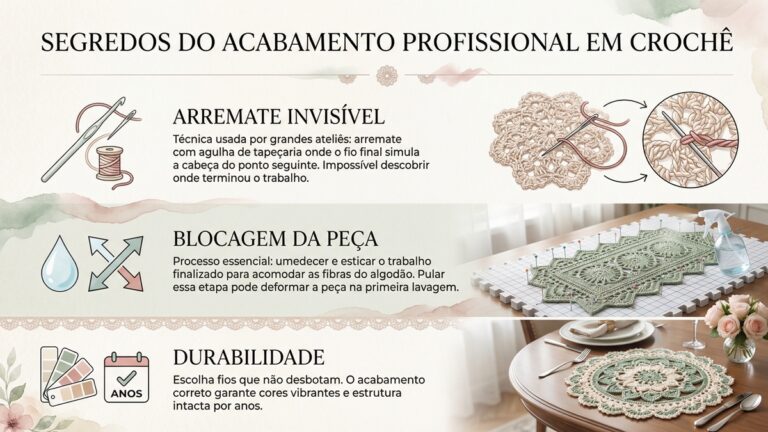 Infografico educativo mostrando tres tecnicas profissionais de croche para mesa posta: arremate invisivel, blocagem e durabilidade