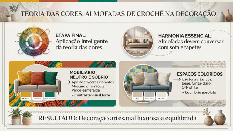 Infografico educativo sobre aplicacao da teoria das cores em almofadas de croche para decoracao de interiores