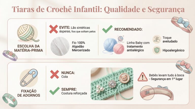 Infografico educativo sobre qualidade e seguranca em tiaras de croche infantil, mostrando escolha de materias-primas e fixacao segura de adornos