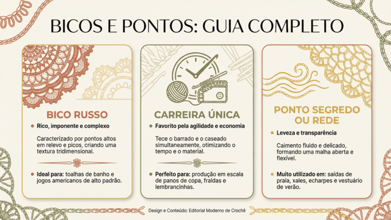 Infografico em portugues sobre tipos de bicos e pontos de croche incluindo Bico Russo, Carreira Unica e Ponto Segredo com caracteristicas e aplicacoes