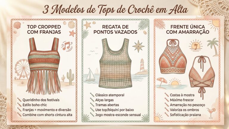 Infografico de moda com tres modelos de tops de croche em alta: cropped com franjas, regata de pontos vazados e frente unica com amarracao