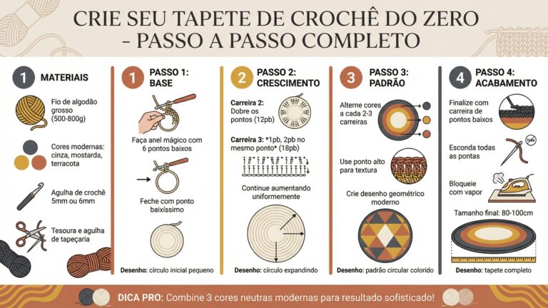 Infografico tutorial completo em portugues ensinando como criar tapete de croche do zero com passo a passo e cores modernas