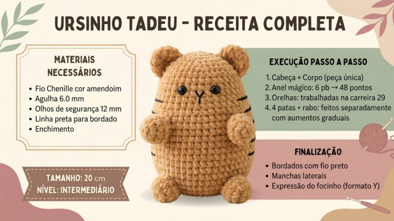 Ursinho de croche artesanal bege com detalhes pretos em ambiente de decoracao infantil com tons neutros e luz natural suave
